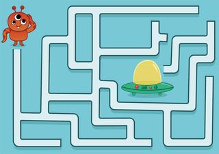 帮助外星人穿过迷宫到他的太空飞船迷宫游戏为孩子们 向量例证