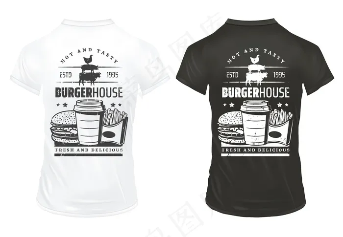 复古快餐印刷品模板，黑白衬衫上印有汉堡苏打薯条字样eps,ai矢量模版下载