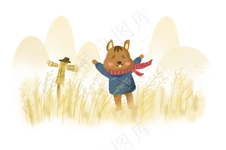秋天动物松鼠秋日麦子稻草人