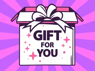 紫色图案背景上带有礼物图标的打开盒子插图。