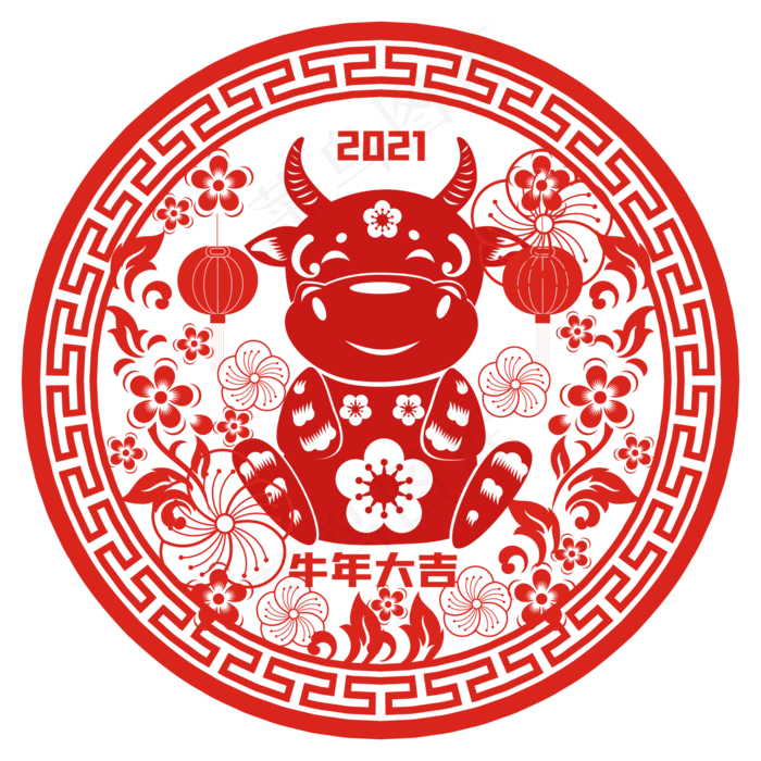 牛年窗花剪纸矢量装饰(2000*2000px 300 dpi )ai矢量模版下载