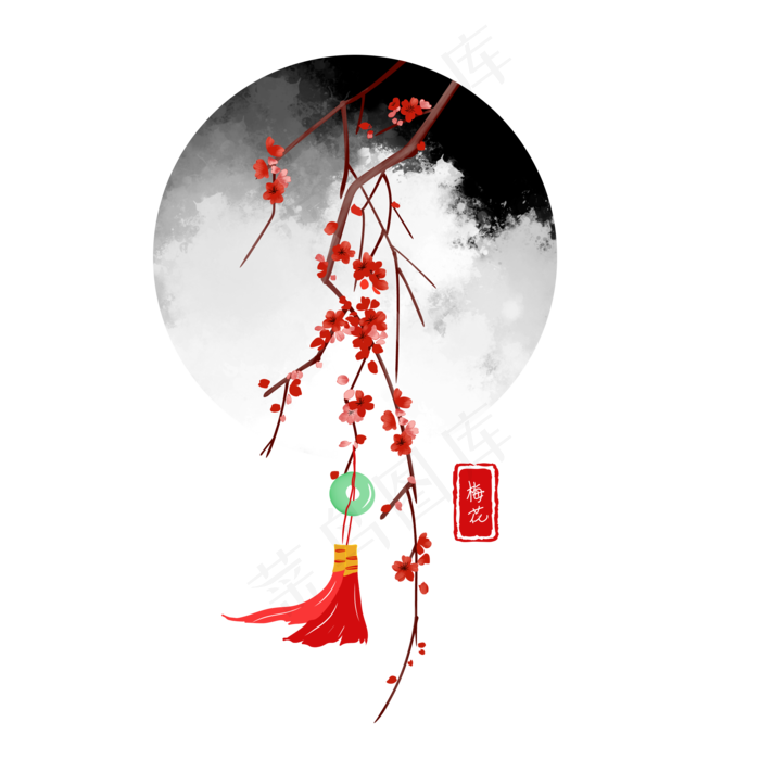 手绘水墨梅花玉坠(2000X2000(DPI:300))psd模版下载