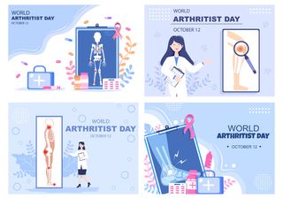 世界关节炎日背景矢量图说明治疗风湿病、骨关节炎、X 射线扫描和骨骼健康