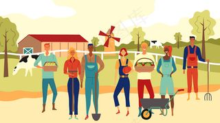 多民族农民团队在农场背景下一起工作。