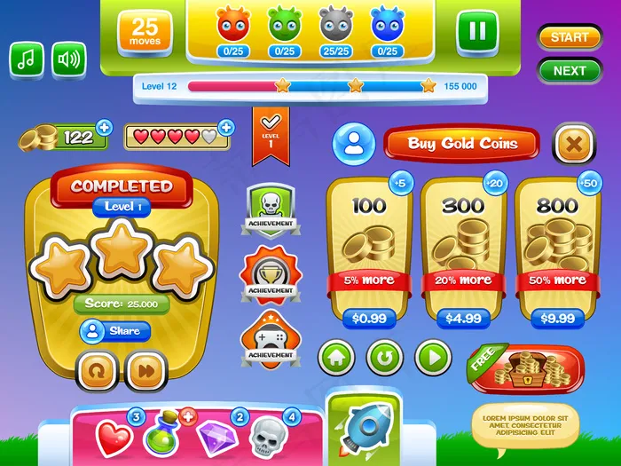 为手机游戏或应用程序app设置的界面游戏和按钮。插图。易于编辑。eps,ai矢量模版下载