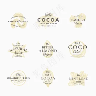 优质香料、坚果和水果标签套装。抽象标志、符号或标志模板。优雅的手绘素描窗台与复古排版。复古奢华标志。