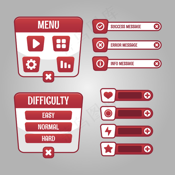 rpg和冒险游戏的一套游戏菜单选择，包括菜单、关卡选择和选项。