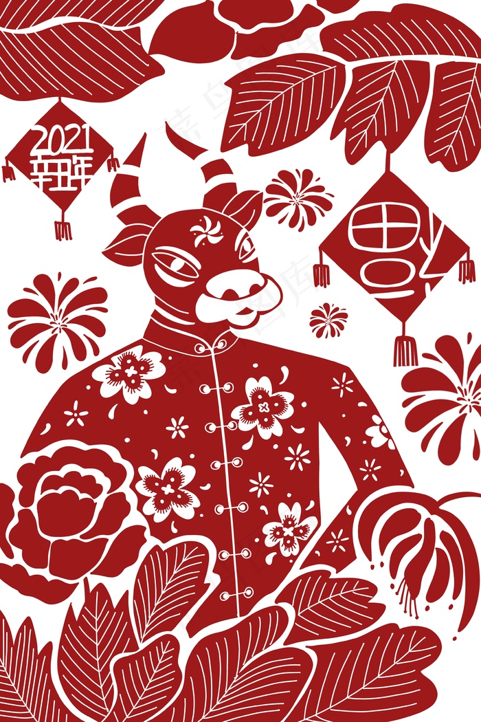 2021春节牛年剪纸(3545*5315px 300 dpi )psd模版下载