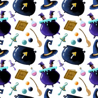 可爱的卡通魔术万圣节无缝图案。巫师腿大锅，魔法书，药剂，扫帚，魔法蘑菇，巫师帽。