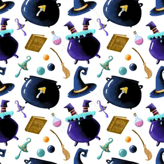 可爱的卡通魔术万圣节无缝图案。巫师腿大锅，魔法书，药剂，扫帚，魔法蘑菇，巫师帽。