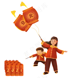 元旦新年2021年孩子放鞭炮灯笼