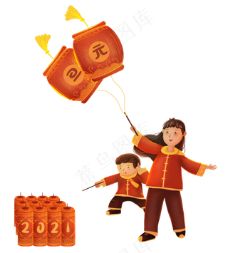 元旦新年2021年孩子放鞭炮灯笼