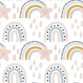 儿童手绘无缝图案与彩色彩绘彩虹背景