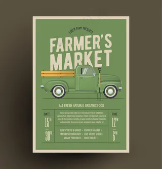 农贸市场宣传单,DM传单海报邀请函模板。基于老式的农民皮卡。插图。