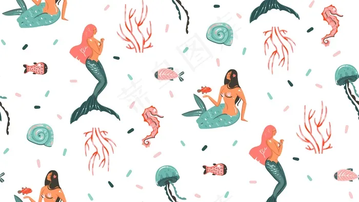 手绘抽象卡通水下插图与水母，鱼和美人鱼女孩的角色隔离在白色背景上无缝模式。eps,ai矢量模版下载