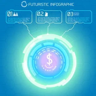 现代虚拟技术概念背景，带有装饰性光圈和带有矩形信息图形标题的美元符号