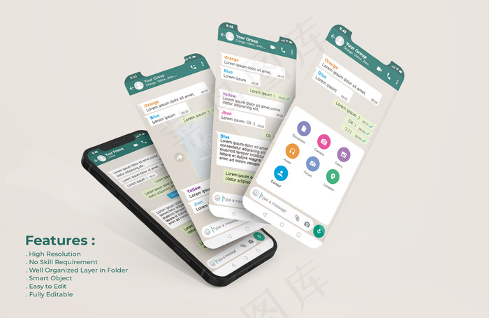 手机上的Whatsapp接口模板和ui-ux应用程序app演示模型样机psd模版下载