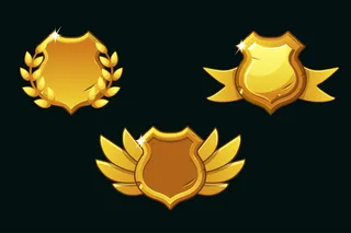 中世纪的金色盾牌。空模板屏蔽。用翅膀、丝带和桂冠颁发盾牌