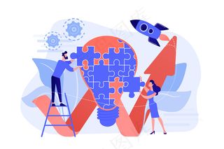 业务团队从拼图和上升箭头做灯泡。白色背景上的创意和见解、概念、发明概念。