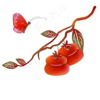 渐变色剪纸风大柿子和蝴蝶