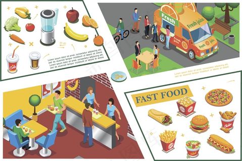 等距快餐色彩斑斓的果汁车组合快餐咖啡披萨薯条鸡腿三明治汉堡蔬菜水果