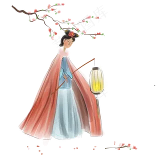 水墨清代桃花和少女