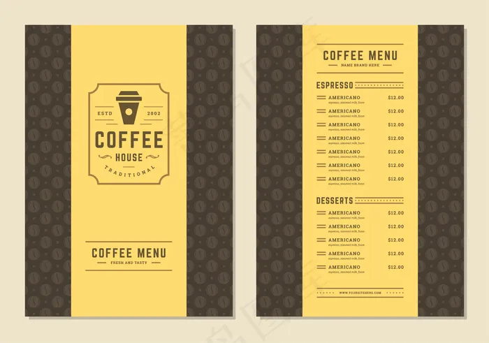 咖啡菜单模板设计宣传单,DM传单为酒吧或咖啡馆与咖啡馆标志杯符号。eps,ai矢量模版下载