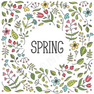 精致漂亮的弹簧圆框。盛开的花草、树叶和嫩枝。