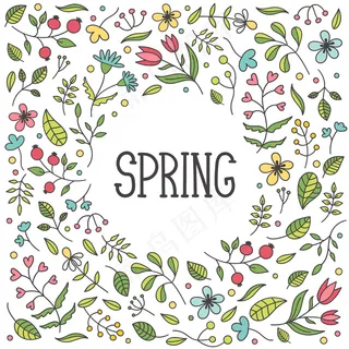 精致漂亮的弹簧圆框。盛开的花草、树叶和嫩枝。