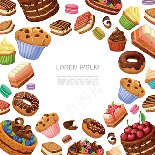 卡通蛋糕和甜点由杏仁饼、甜甜圈、松饼、纸杯蛋糕和派片组成