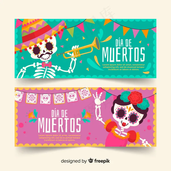 女孩和男孩骷髅día de muertos横幅banner