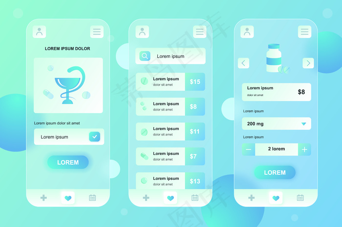 医疗服务glassmorphic design neumorphic elements kit for mobile app ui ux gui屏幕集