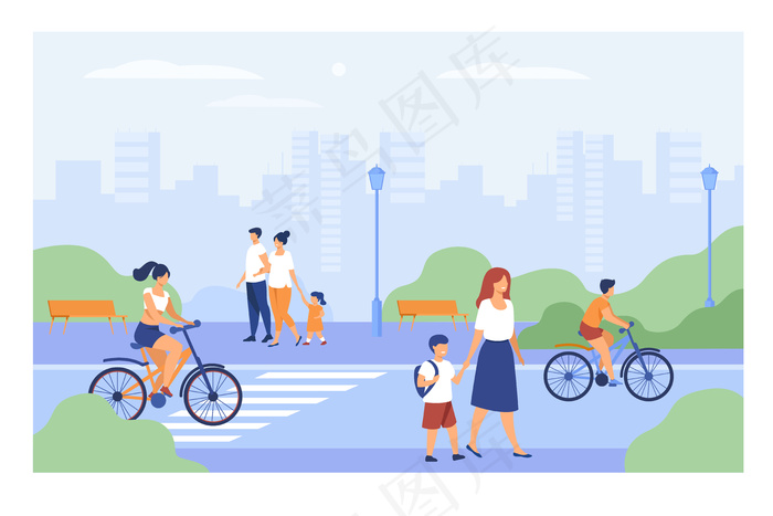 人们走在城市公园的街道上