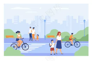 人们走在城市公园的街道上