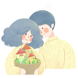 手绘穿情侣装的小情侣设计