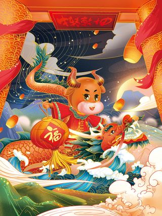 牛年插画 牛年海报 新春海报