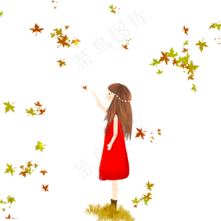 卡通小女孩在看落叶