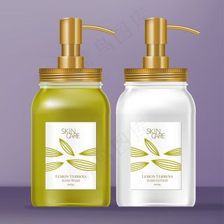 梅森罐分配器金属金螺旋盖和泵。柠檬马鞭草主题设计。