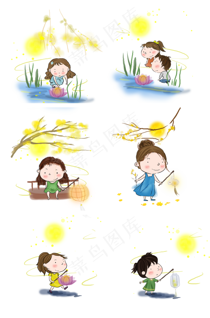 中秋节赏月看灯的男孩和女孩(2000X3020(DPI:300))psd模版下载