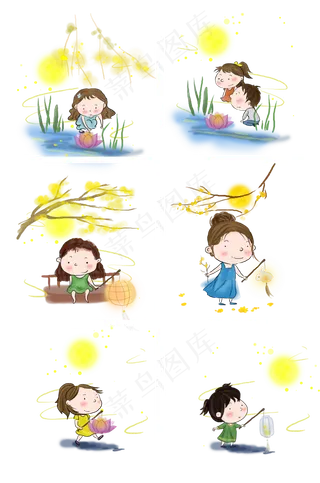 中秋节赏月看灯的男孩和女孩