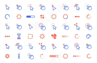 指针单击图标。web单击指针光标，计算机应用程序app界面静态和动态加载光标。互联网圈工具集