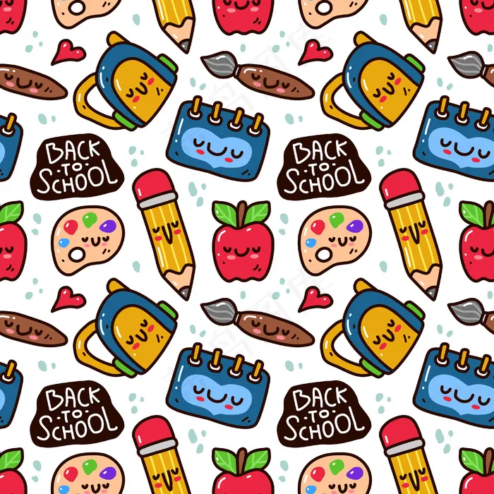可爱的卡瓦伊回到学校涂鸦风格的无缝模式。eps,ai矢量模版下载