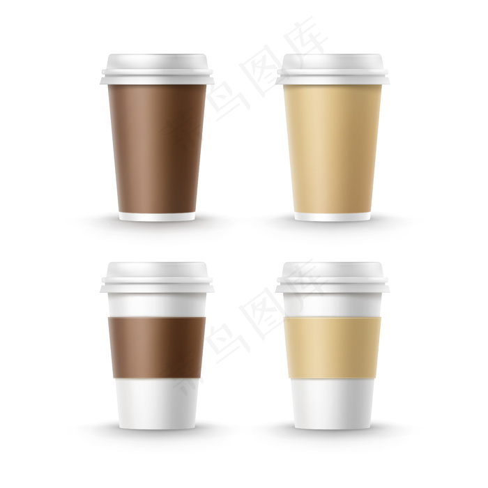 向量集的空白大小白色赭石棕色纸板纸杯茶咖啡隔离在白色背景。快餐eps,ai矢量模版下载