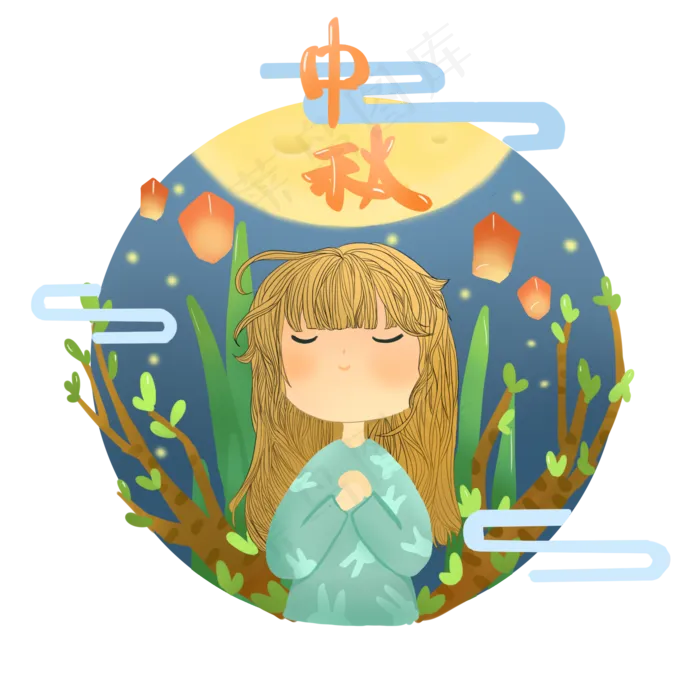 中秋节少女赏月祈福(2000X2000(DPI:300))psd模版下载