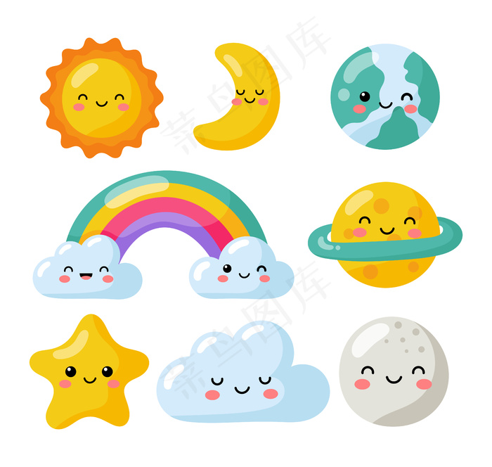 在白色背景上孤立的一组川维恒星、月亮、太阳、彩虹和云朵。婴儿可爱的柔和颜色。