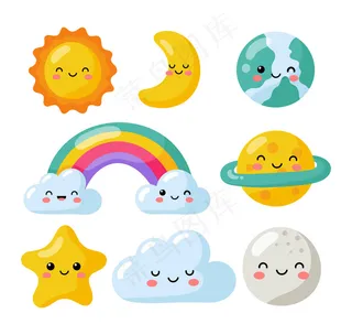 在白色背景上孤立的一组川维恒星、月亮、太阳、彩虹和云朵。婴儿可爱的柔和颜色。