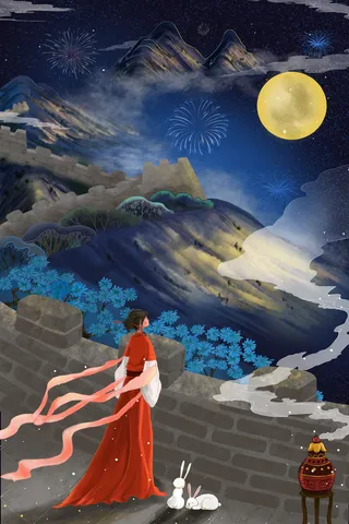 国庆中秋国潮中国风古风望月怀远嫦娥玉兔图