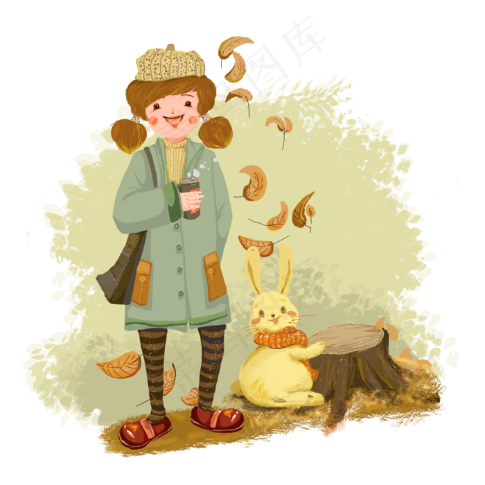 秋天秋日落叶纸杯咖啡少女姑娘公