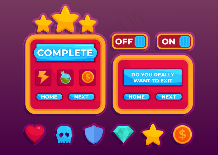 设计一套完整的得分按钮游戏弹出窗口，图标，窗口和元素创造中世纪的rpg视频游戏