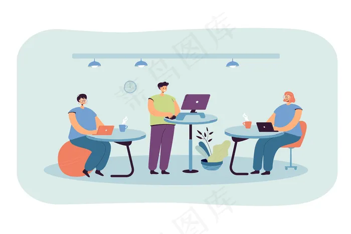 办公室员工在符合人体工程学的工作场所工作，坐在健身球上或站在办公桌前使用电脑eps,ai矢量模版下载